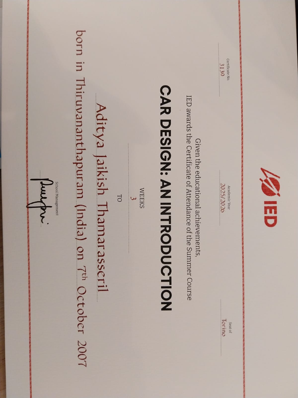 Aditya receiving certificate at IED Turin